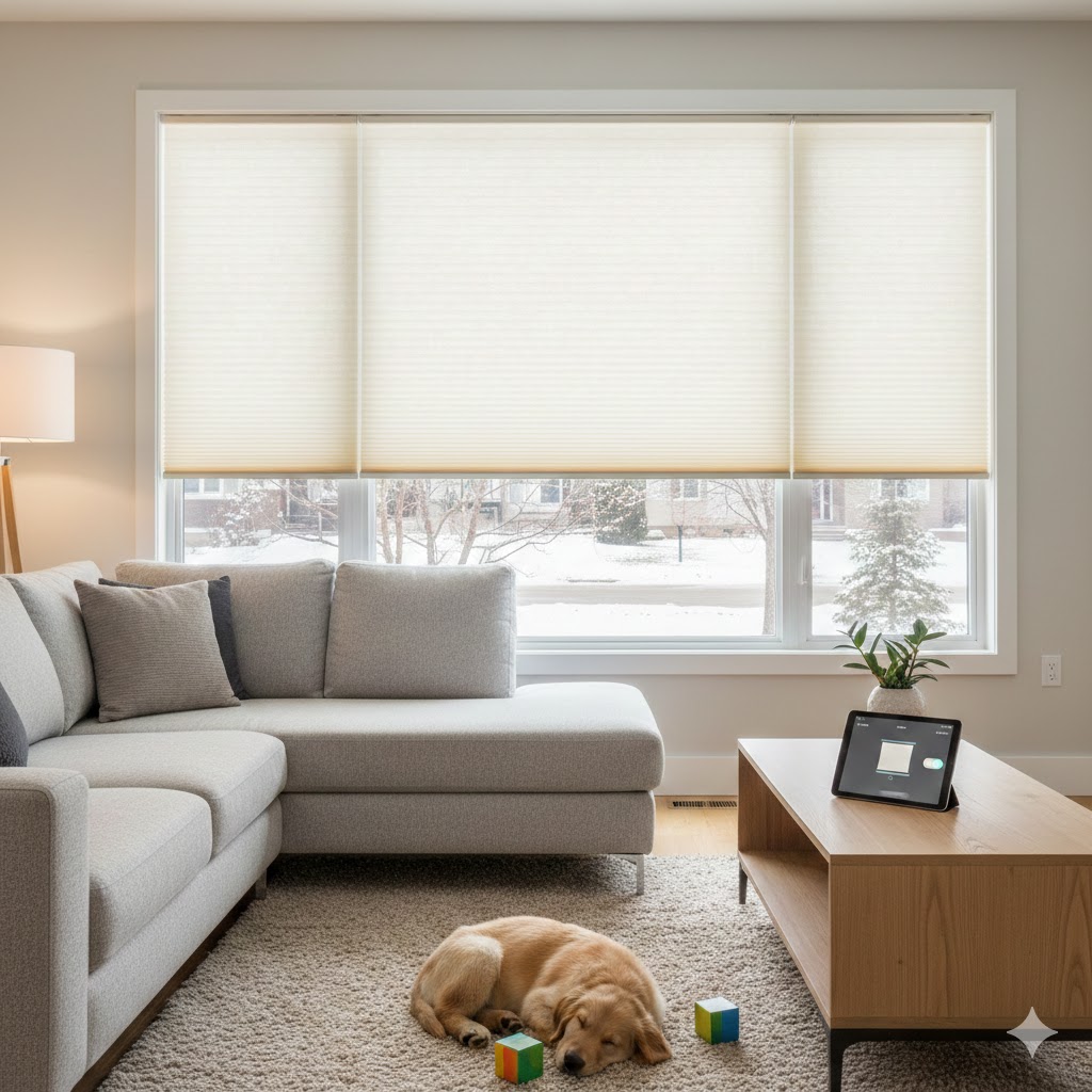 A modern, sunlit living room featuring custom cream-colored cellular shades on three large windows overlooking a snowy winter landscape. A tablet on a wooden coffee table displays a home automation interface for controlling the motorized blinds, while a golden retriever puppy sleeps peacefully on a plush rug nearby.