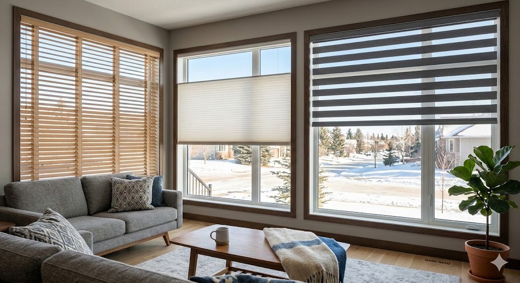 A modern Edmonton living room featuring three large windows showcasing different custom window treatments: wood horizontal blinds, a top-down bottom-up cellular shade, and a grey zebra roller blind, overlooking a snowy residential neighborhood.