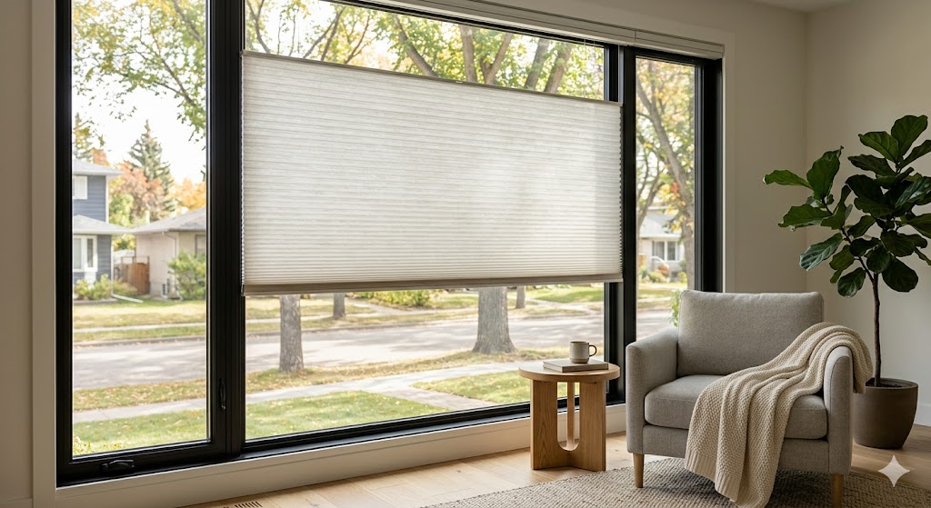 A bright, modern living room featuring custom cellular Edmonton blinds on large black-framed windows, alongside a cozy grey armchair and a potted plant overlooking a residential street.