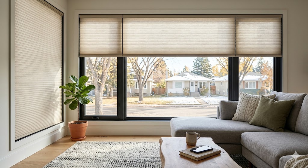 A bright, modern living room showcasing perfectly fitted Edmonton custom blinds on large black-framed windows, providing stylish insulation against a snowy neighborhood view, complete with a cozy grey sectional sofa and potted plant