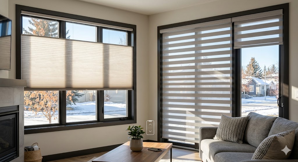 A modern interior featuring custom window blinds in Edmonton, displaying stylish zebra roller shades and cellular window treatments on large black-framed windows with a snowy exterior view