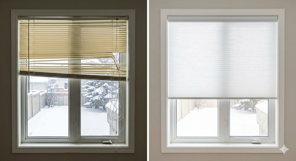 A side-by-side comparison showing old, broken, and yellowed window blinds with tangled safety-hazard cords on the left, contrasted with sleek, white, cordless cellular shades on the right, demonstrating the upgrade to energy-efficient modern blinds Edmonton for cold winter weather.
