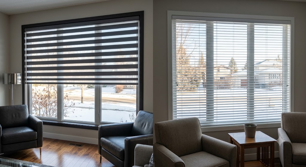 A split-screen comparison in a modern living room showcasing different styles of custom window blinds in edmonton, featuring sleek dark zebra shades on the left and classic white horizontal blinds on the right, both perfectly fitted to block out the snowy winter chill