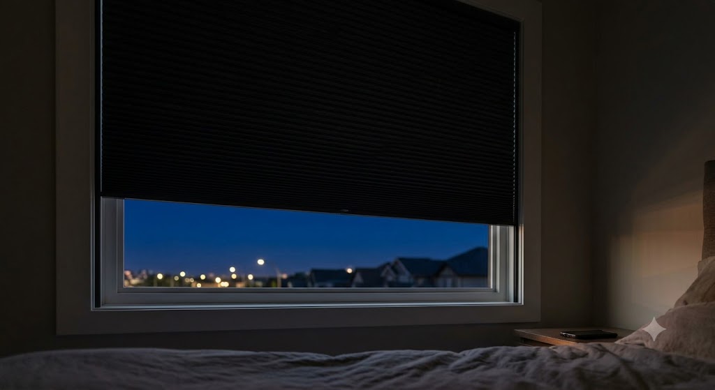 A dimly lit bedroom featuring custom blackout blinds in Edmonton, showcasing a dark cellular shade partially raised to reveal a beautiful twilight suburban view with glowing streetlights, perfectly demonstrating how they block outside light for restful sleep