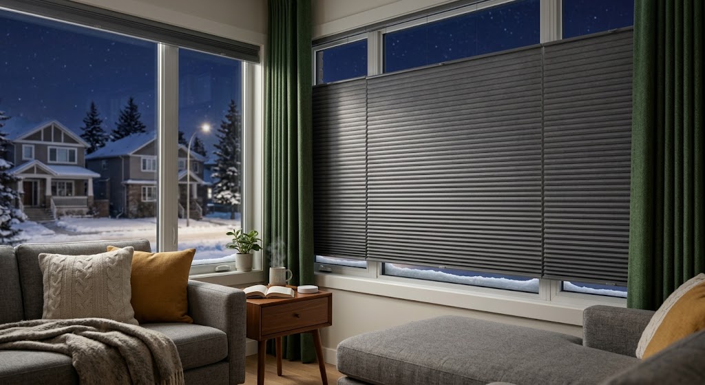 A cozy modern living room corner at night, featuring a grey sectional sofa, ottoman, and an end table. Through large windows framed by green curtains, a snowy residential street and houses under streetlights are visible, grounding the location. The large window on the right is covered by extended charcoal grey horizontal energy efficient window blinds in Edmonton, demonstrating a key feature of the blinds for keeping out the cold winter air seen in the neighboring window pane